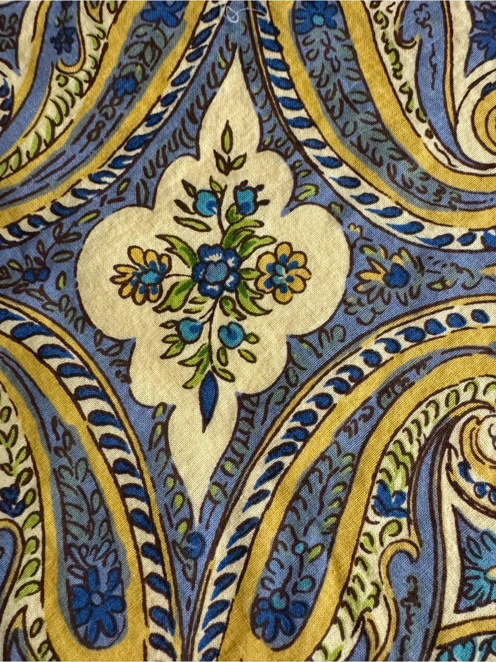 Vintage April Cornell Blue,Green & yellow Paisley Print Round 70” Tablecloth